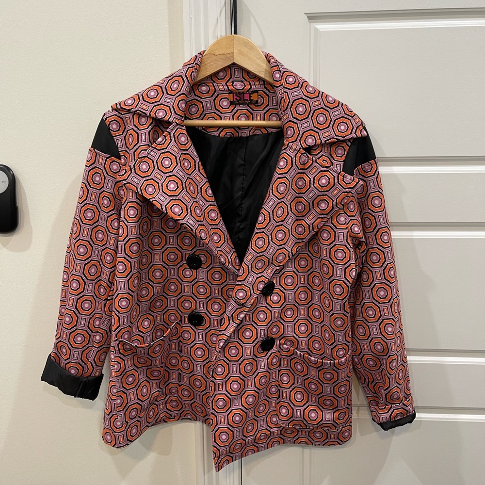 Isle by Melis Kozan Luxury brand Jacket Coat Pink & Orange Print Peacoat, XS